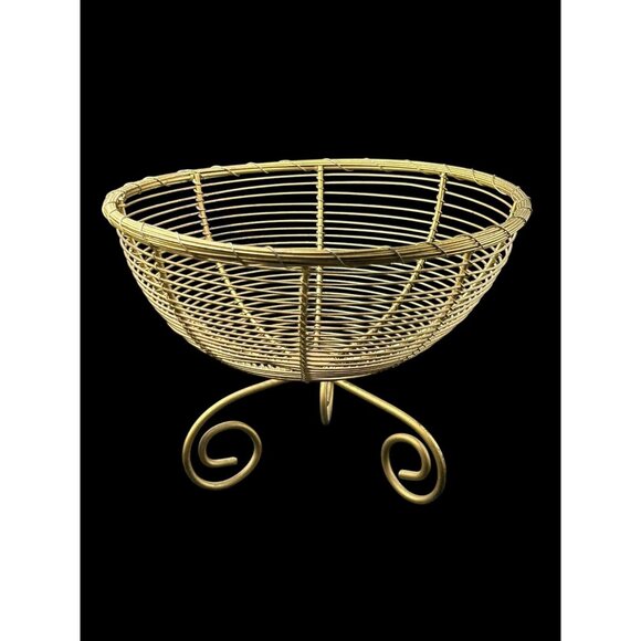 Vintage Gold Round French Woven Wire Pedestal Basket Fruit Boho Centerpiece Bowl - Picture 1 of 8